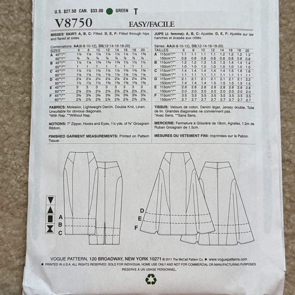 Vogue women's skirt sewing pattern